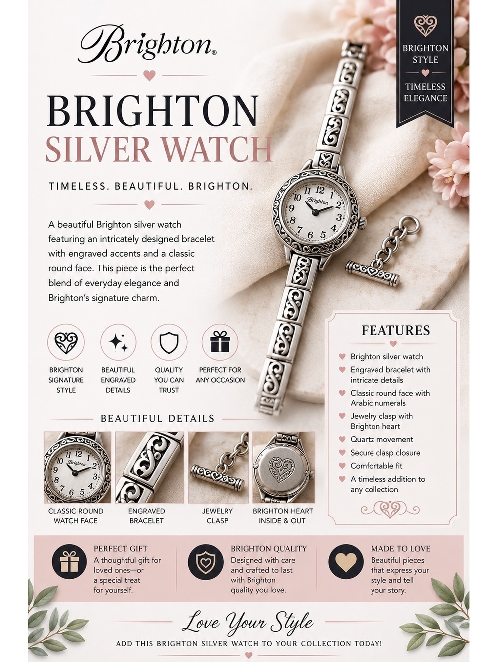 Brighton Silver Watch with Engraved Bracelet and Arabic Numerals